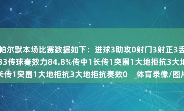 帕尔默本场比赛数据如下：进球3助攻0射门3射正3丢失球权9触球41传球33传球奏效力84.8%传中1长传1突围1大地拒抗3大地拒抗奏效0    体育录像/图片